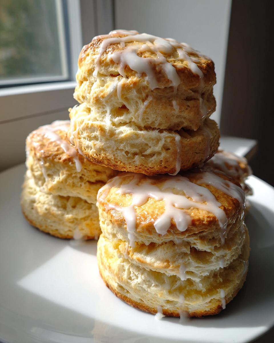 A stack of three fluffy, golden-brown scones drizzled with white glaze, sitting on a white plate near a window.