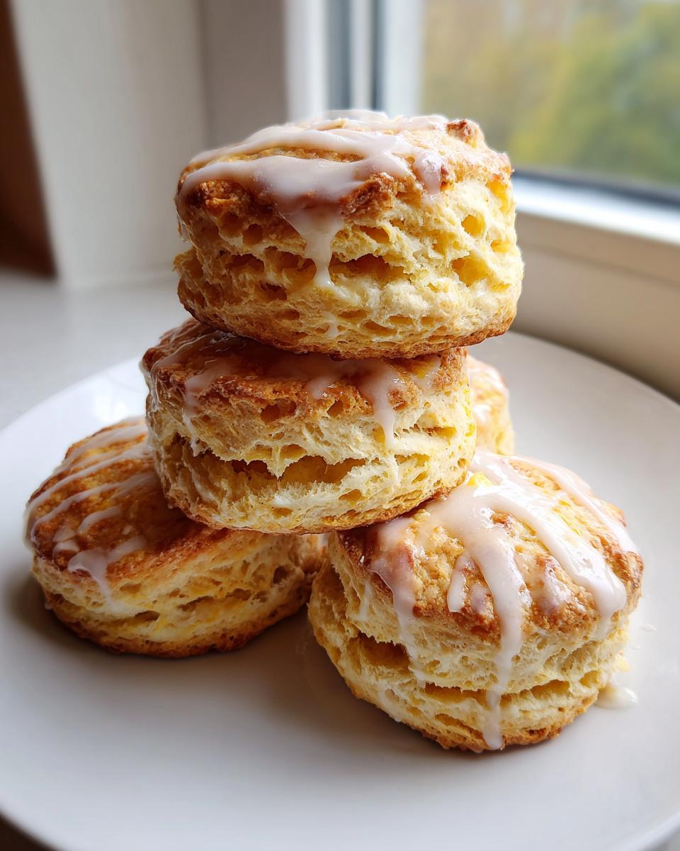 A stack of four incredibly fluffy, layered scones topped with a sweet white glaze, ready to eat.