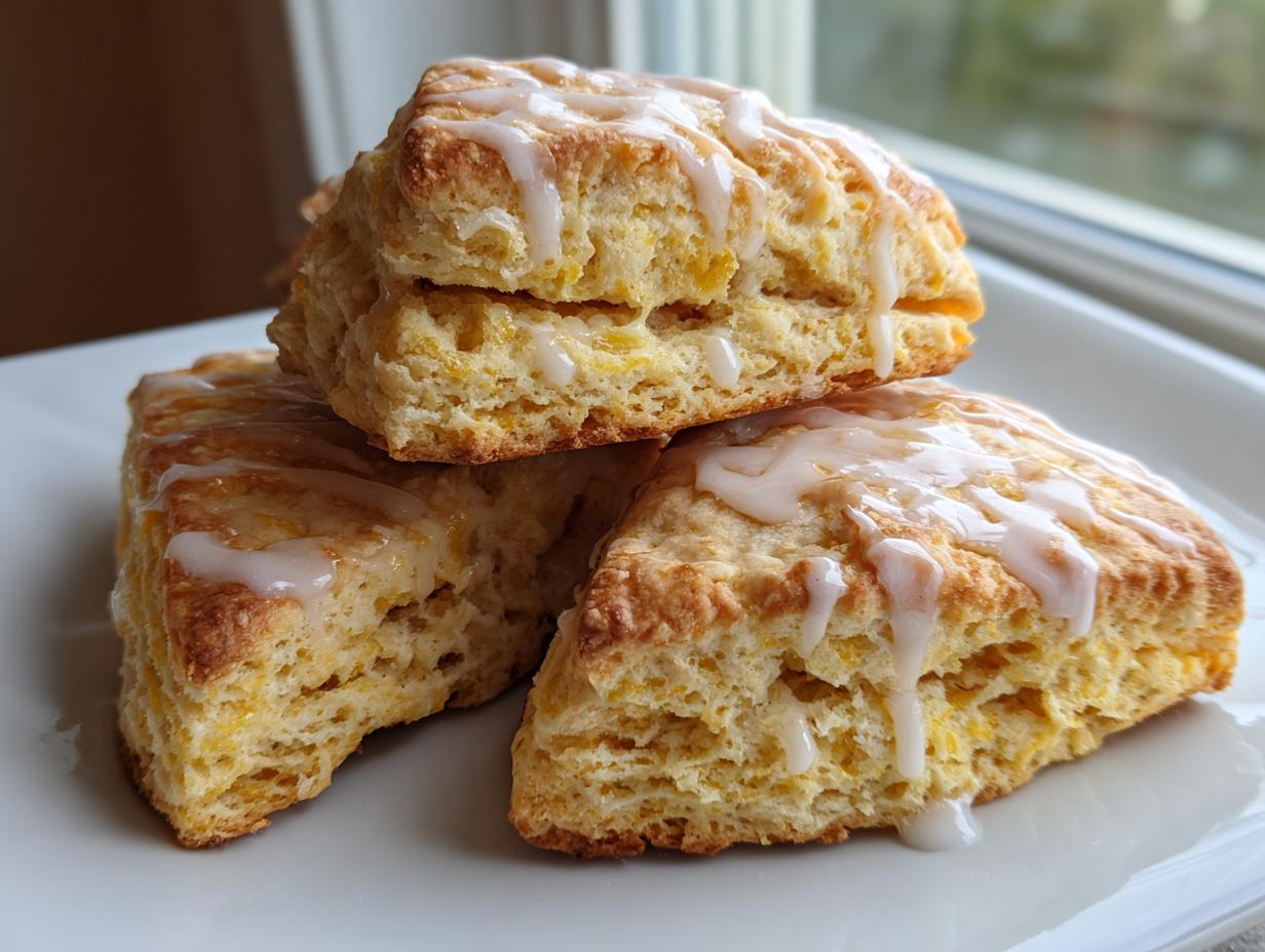 Close-up of three fluffy, golden scones stacked, drizzled with white icing, highlighting the texture of the scones.