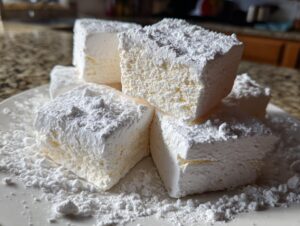 Close-up of several fluffy homemade marshmallows stacked on a white plate, heavily dusted with powdered sugar.