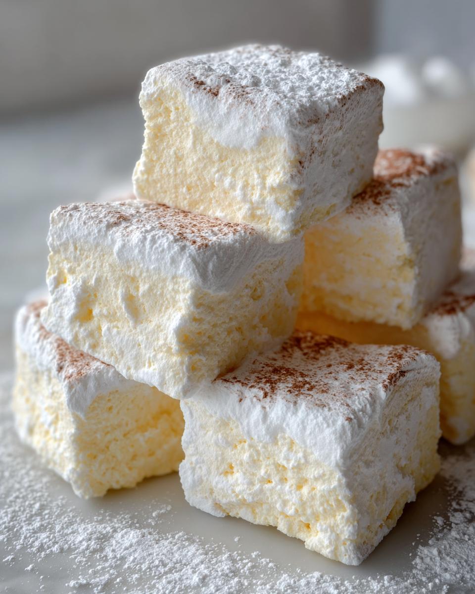 A stack of fluffy, square homemade marshmallows dusted heavily with powdered sugar and a hint of cocoa.