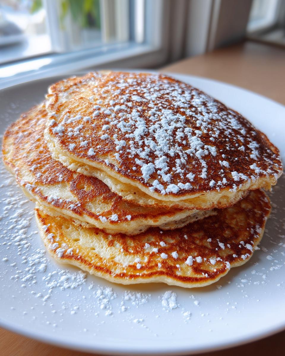 A stack of three fluffy oatmeal pancakes dusted generously with powdered sugar on a white plate.