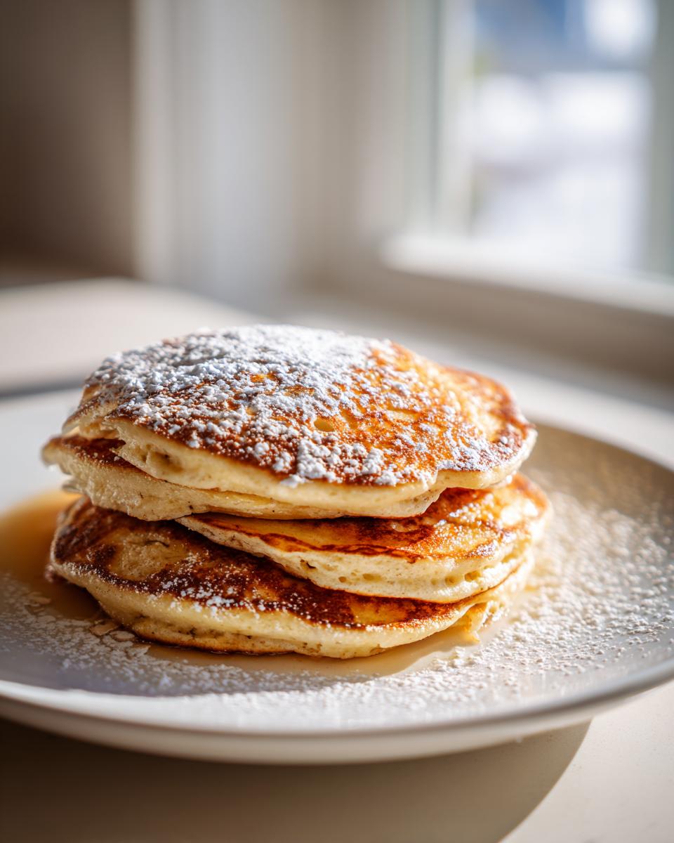 A stack of three fluffy oatmeal pancakes dusted generously with powdered sugar on a white plate.