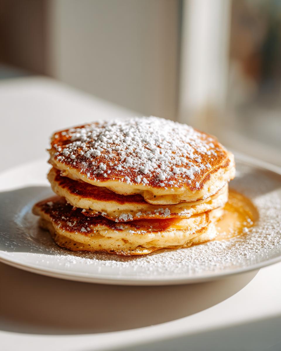 A stack of three fluffy oatmeal pancakes dusted generously with powdered sugar on a white plate.