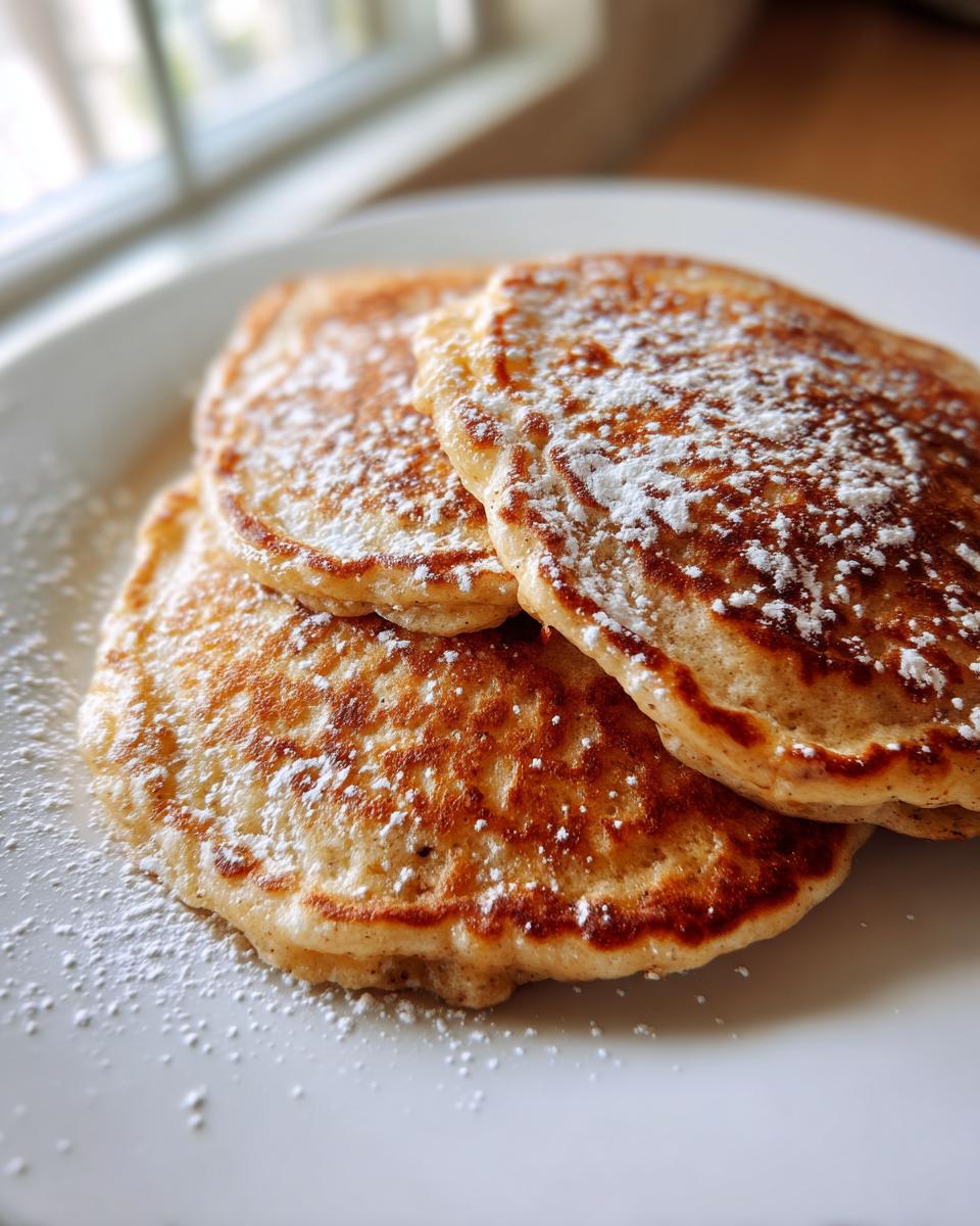 Close-up of three fluffy oatmeal pancakes stacked on a white plate, dusted generously with powdered sugar.