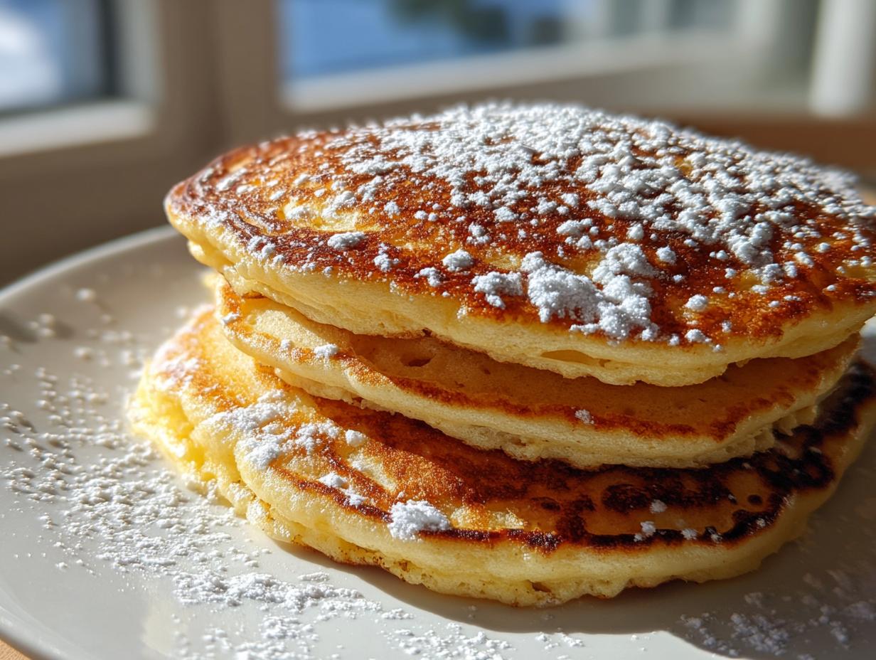 A close-up stack of three fluffy oatmeal pancakes dusted generously with powdered sugar.
