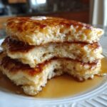 Close-up of a stack of three fluffy sourdough discard pancakes drizzled heavily with maple syrup.