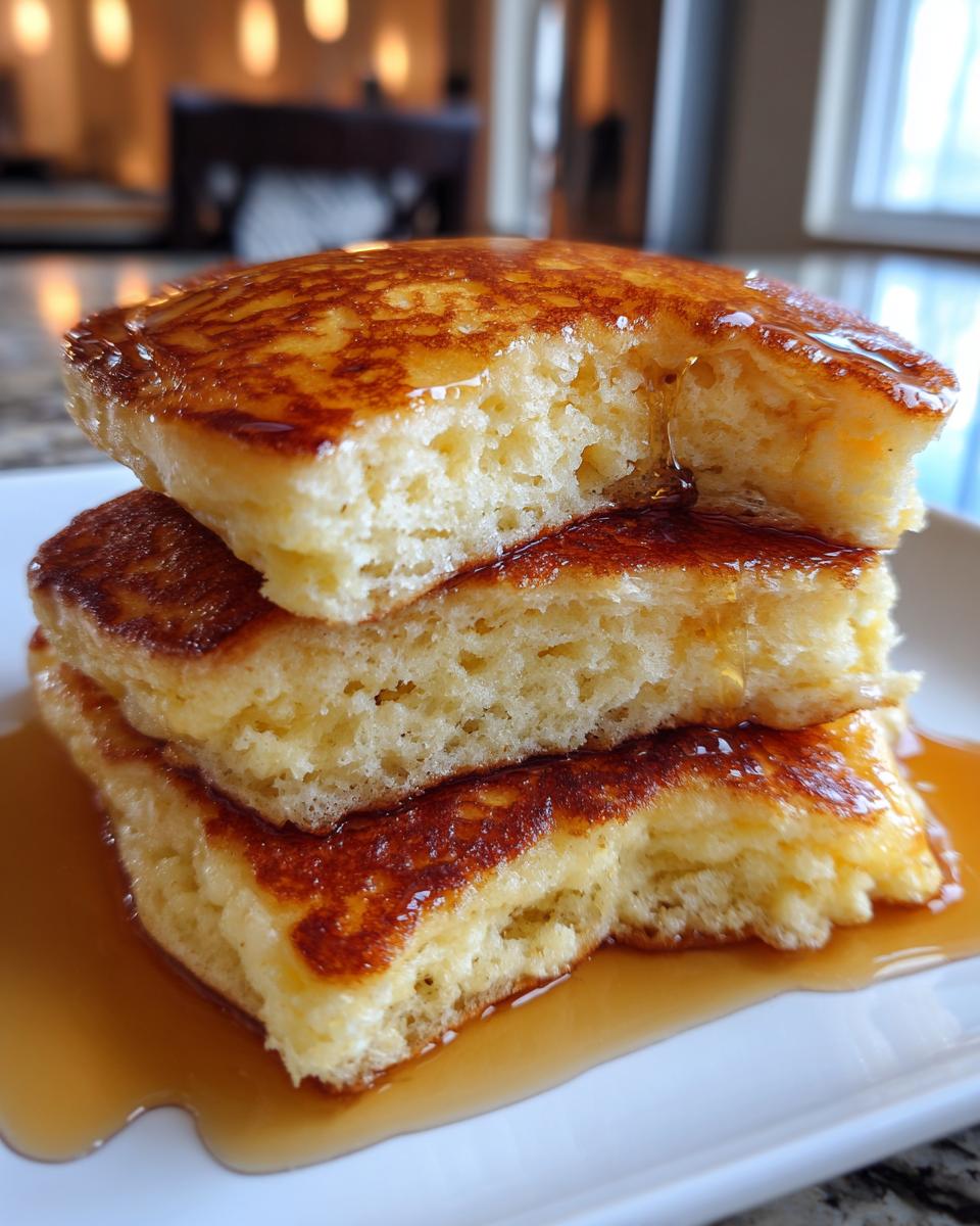 Close-up of a stack of three fluffy sourdough discard pancakes dripping with maple syrup.