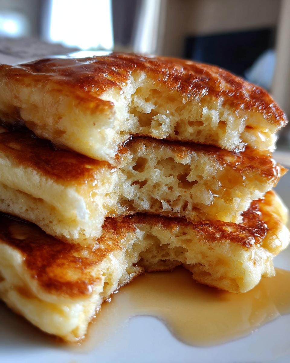 Close-up of a stack of fluffy sourdough discard pancakes, showing the airy interior texture soaked with syrup.