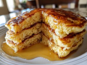 Close-up of a stack of fluffy sourdough discard pancakes, cut open to show the texture, drizzled heavily with golden syrup.