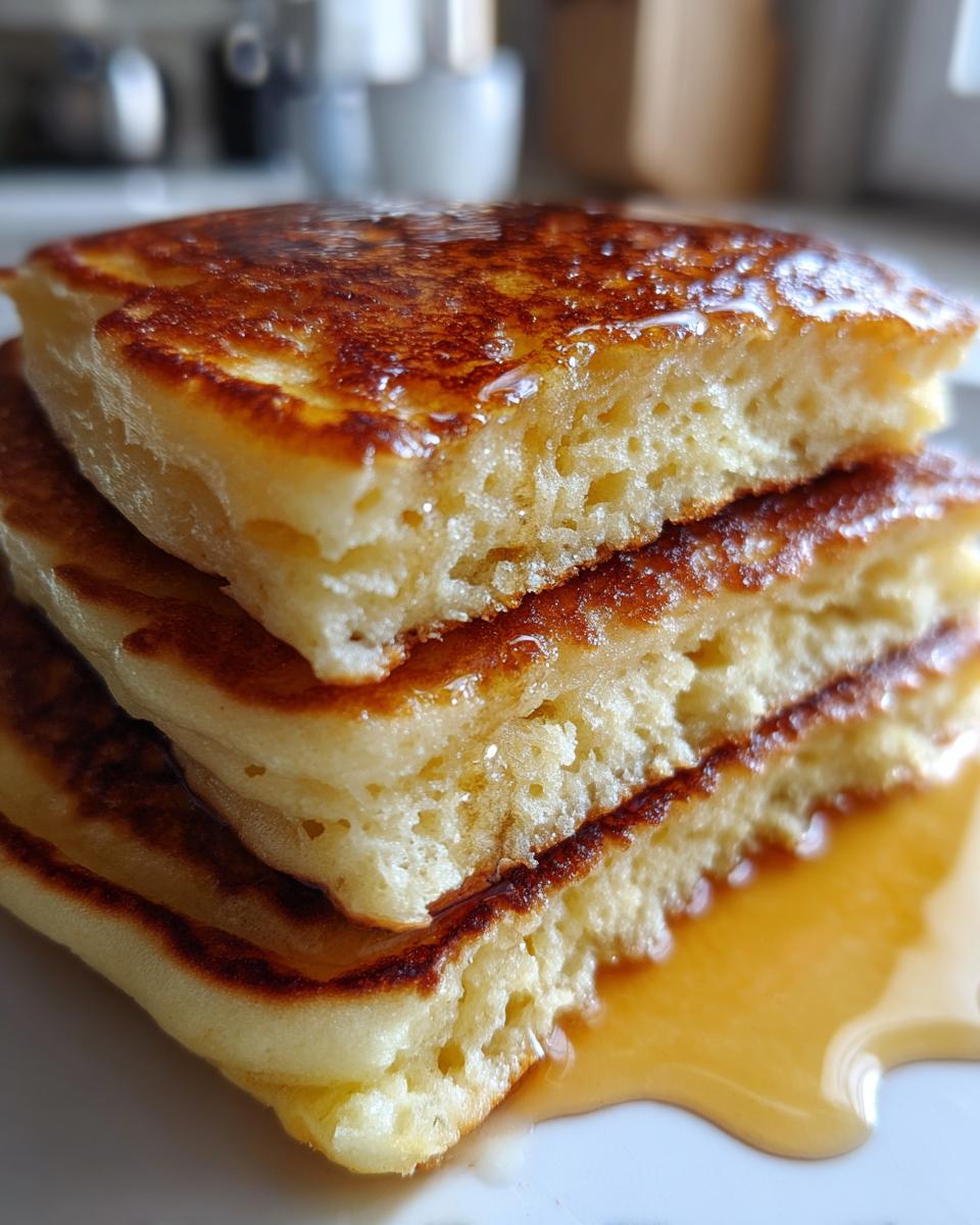 Close-up of a stack of three fluffy sourdough discard pancakes drizzled generously with golden syrup.