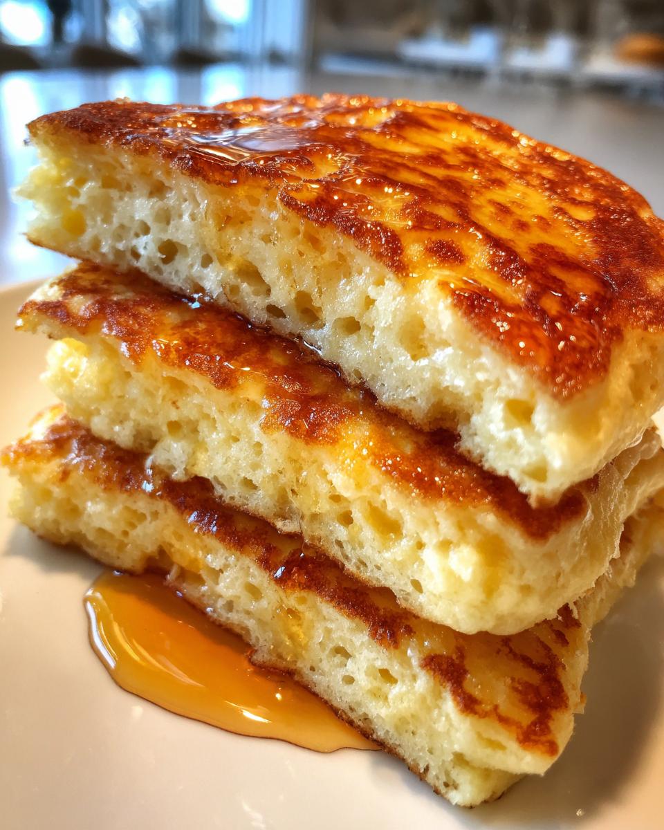 Close-up of a stack of three fluffy sourdough discard pancakes, cut open to show the airy interior, drizzled with maple syrup.