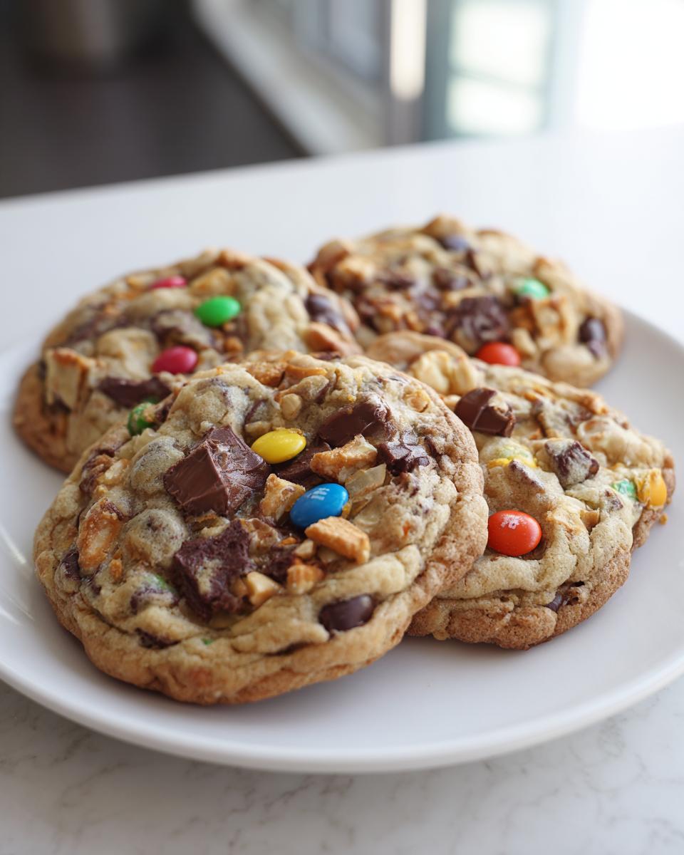 Close-up of four freshly baked kitchen sink cookies loaded with chocolate chunks and colorful candies on a white plate.
