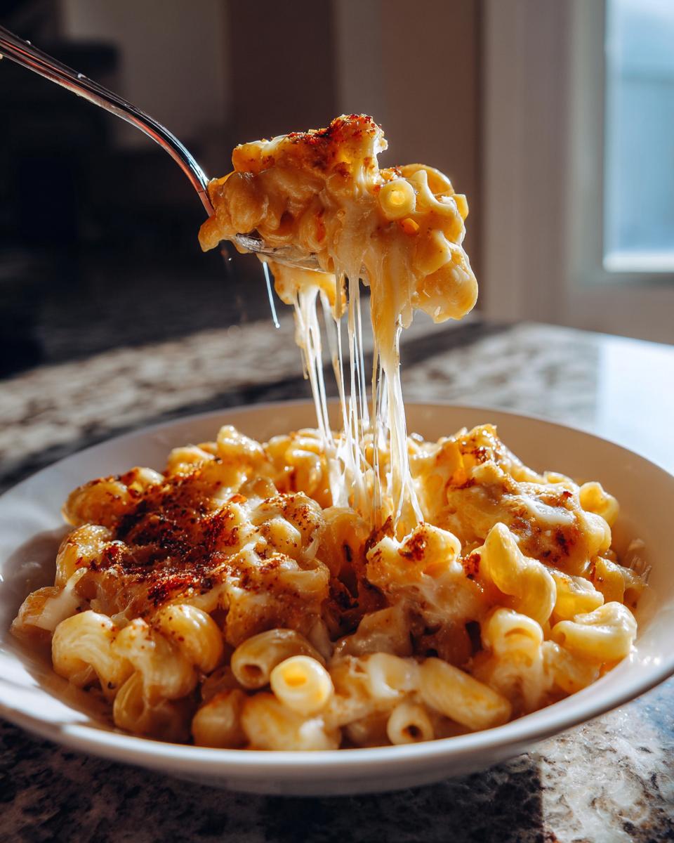 A fork lifting cheesy macaroni, showing long cheese pulls, from a bowl of french onion pasta.
