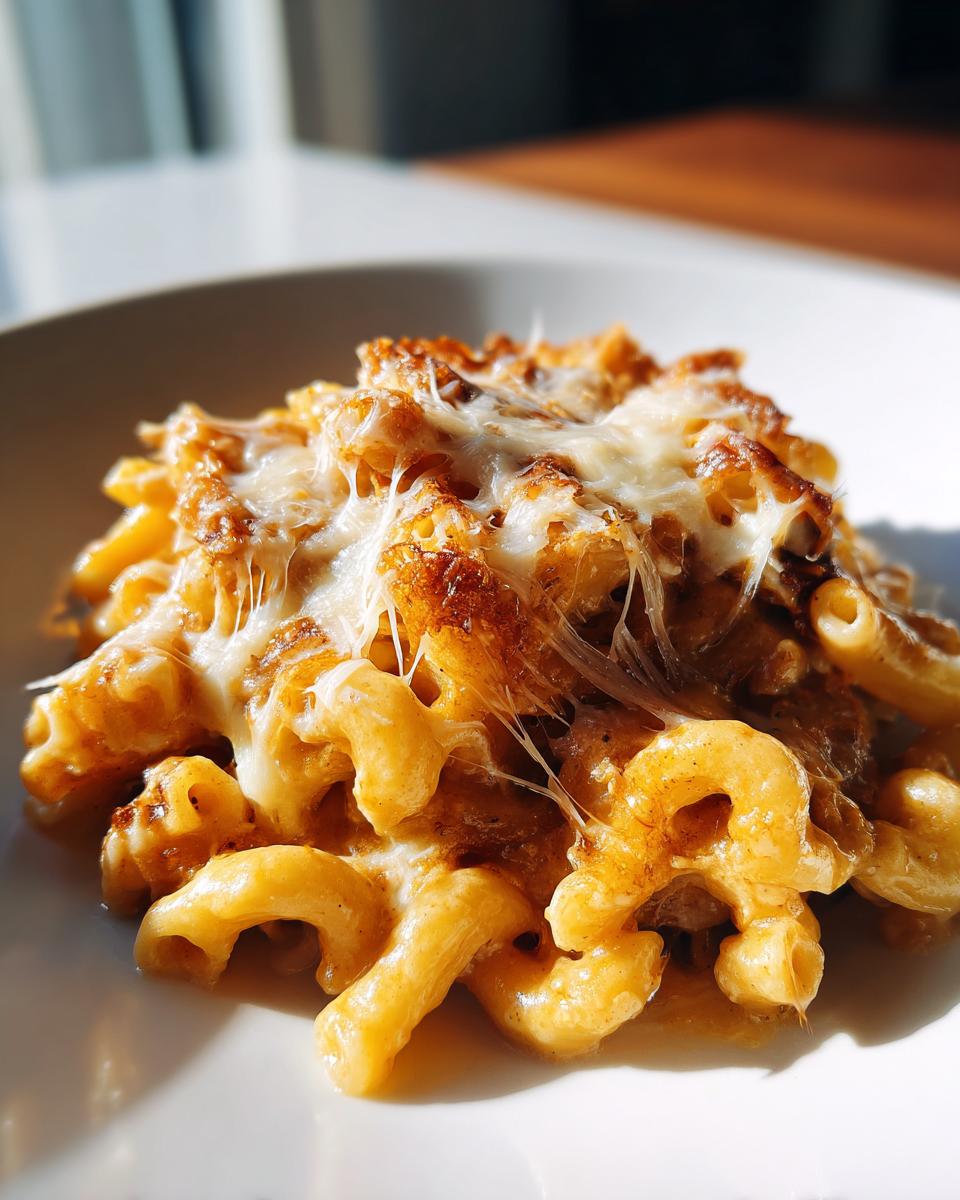 Close-up of macaroni pasta coated in sauce and topped with melted, stringy cheese, resembling french onion pasta.