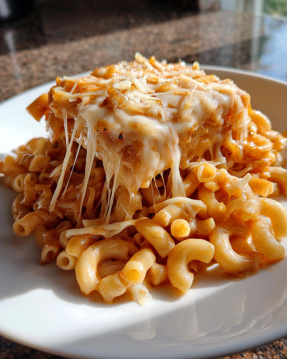 A serving of french onion pasta featuring elbow macaroni covered in a rich sauce and topped with gooey, melted cheese strings.