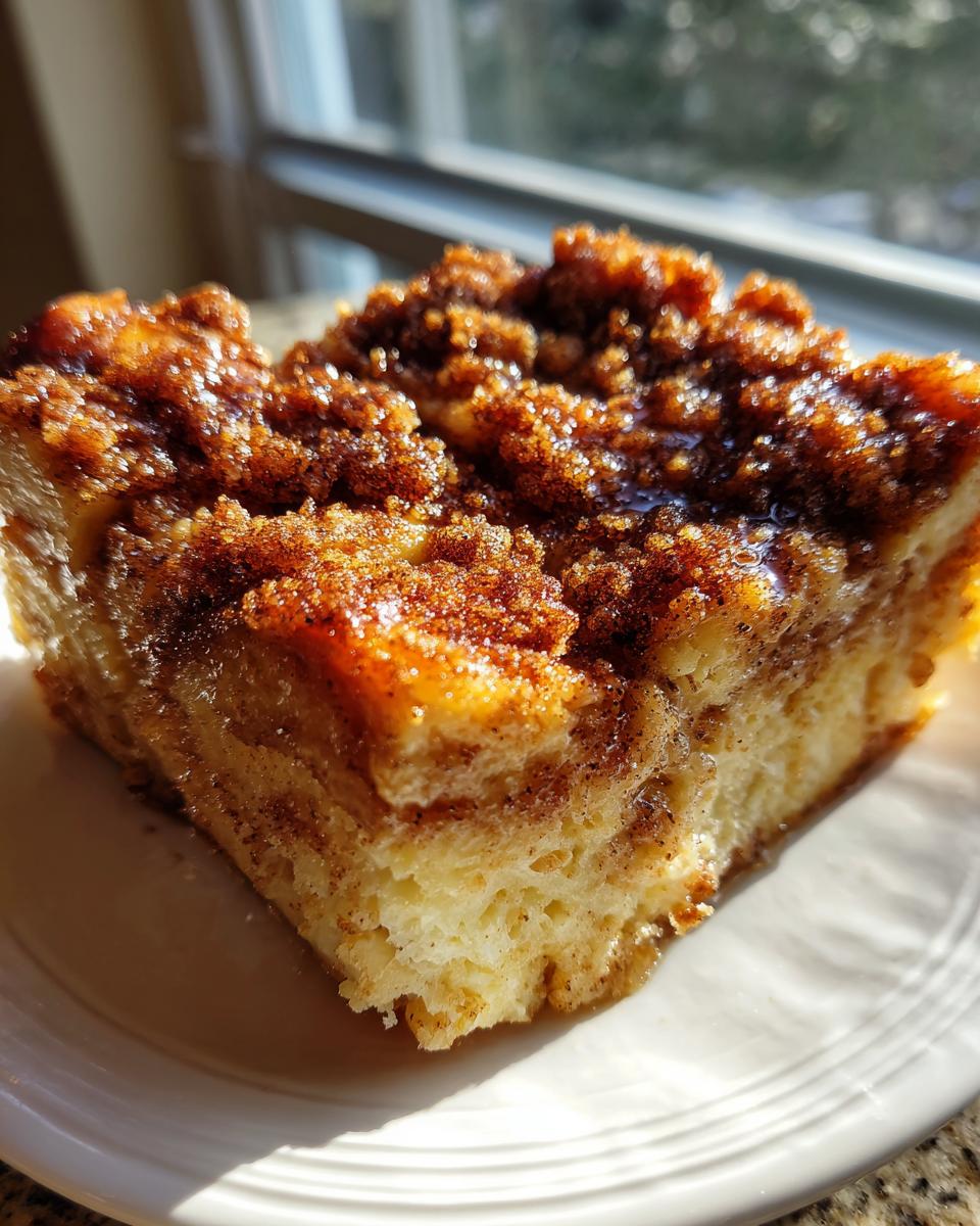 Close-up of a moist slice of french toast casserole with a thick, sugary cinnamon crumb topping.