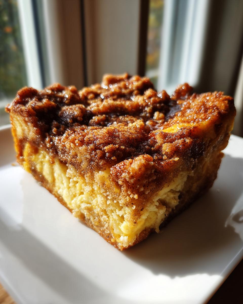 Close-up of a square slice of french toast casserole featuring a thick, gooey custard base and a dark cinnamon streusel topping.