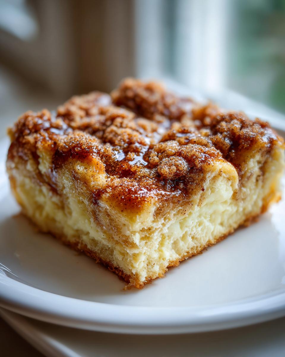 A close-up of a square slice of amazing french toast casserole topped with gooey cinnamon streusel.