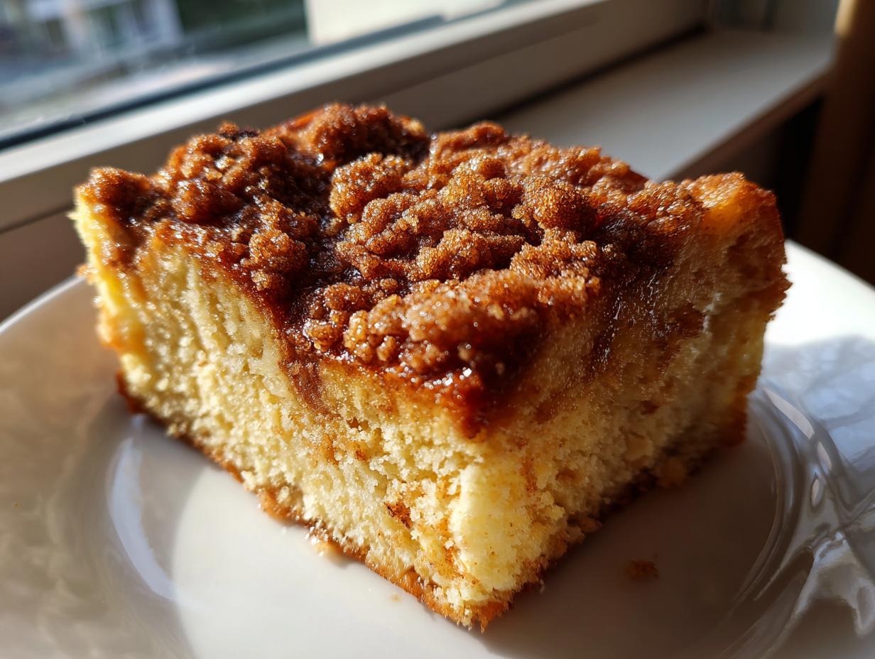 A close-up of a square slice of French toast casserole with a thick, gooey cinnamon streusel topping.