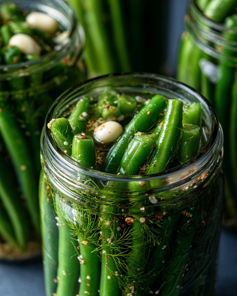 Close-up of fresh green beans being pickled in a jar with dill and garlic to make dilly beans.