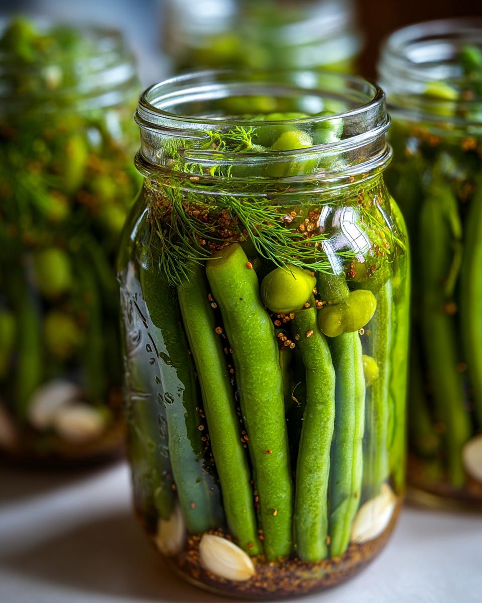 Close-up of fresh green beans packed vertically in a glass jar with dill and garlic cloves for making dilly beans.