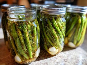 Close-up of fresh green beans packed vertically in a mason jar for making dilly beans, seasoned with dill and garlic.