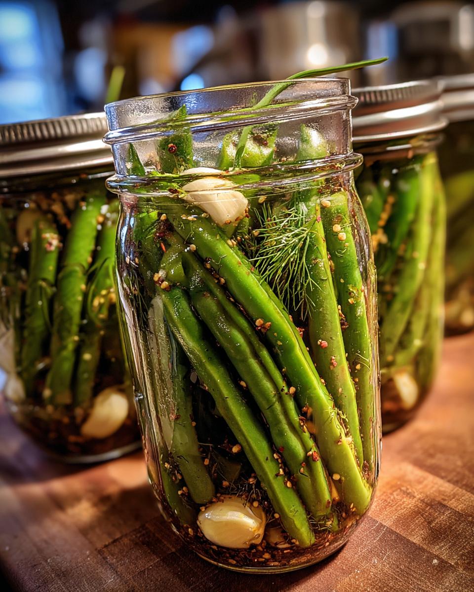 Close-up of a glass jar packed tightly with fresh green beans, garlic cloves, and dill for making dilly beans.