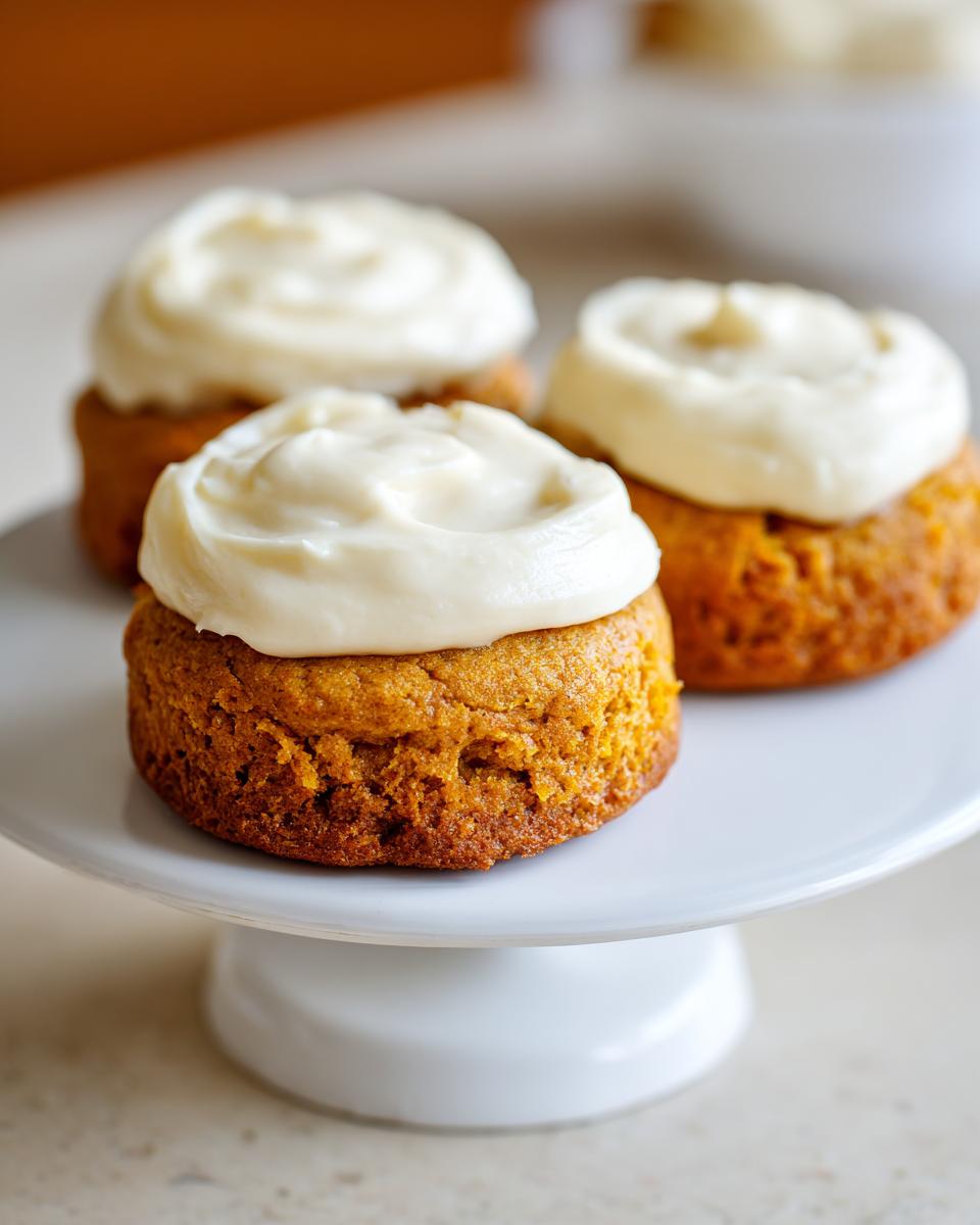Three thick, round pumpkin cookie treats topped with swirls of cream cheese frosting, displayed on a white pedestal.