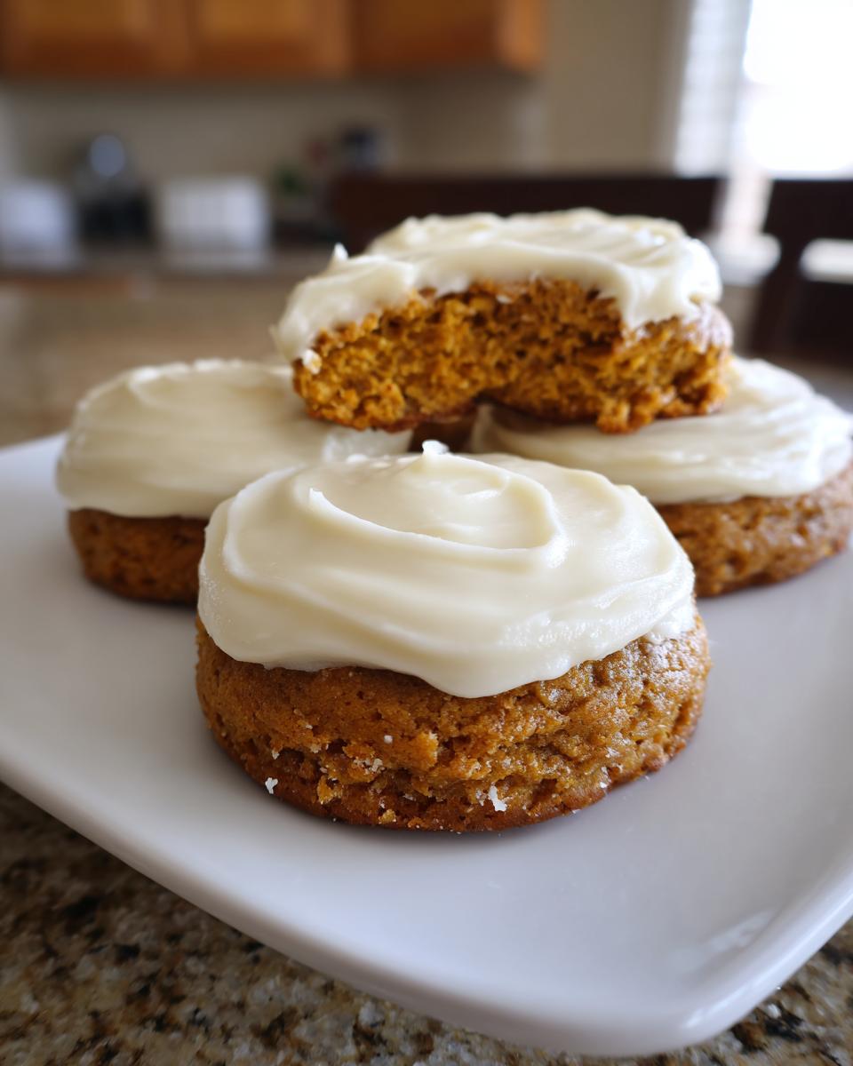 Four soft, frosted pumpkin cookie treats stacked on a white plate, one showing a bite taken out.