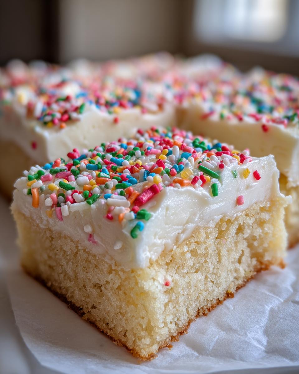 A close-up, focus shot of a square slice of soft sugar cookie bars topped with thick white frosting and colorful rainbow sprinkles.