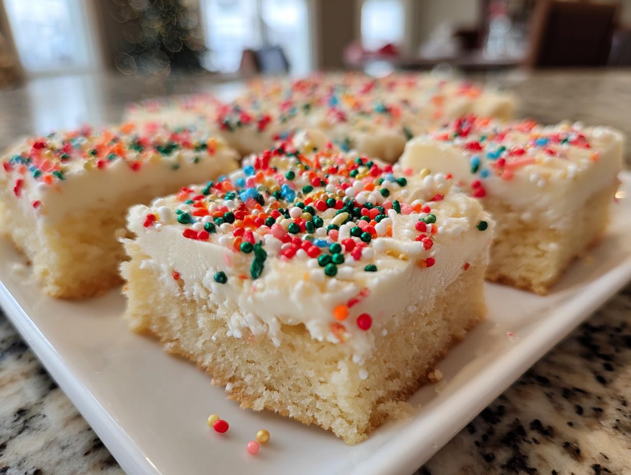Close-up of several square sugar cookie bars topped with thick white frosting and colorful holiday sprinkles.