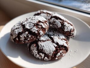 Three rich, dark chocolate crinkle cookies dusted heavily with white powdered sugar on a white plate.
