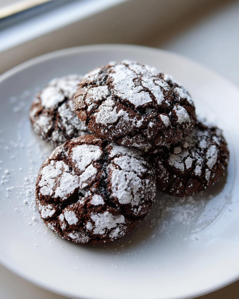 Four rich, dark chocolate crinkle cookies heavily dusted with powdered sugar resting on a white plate.