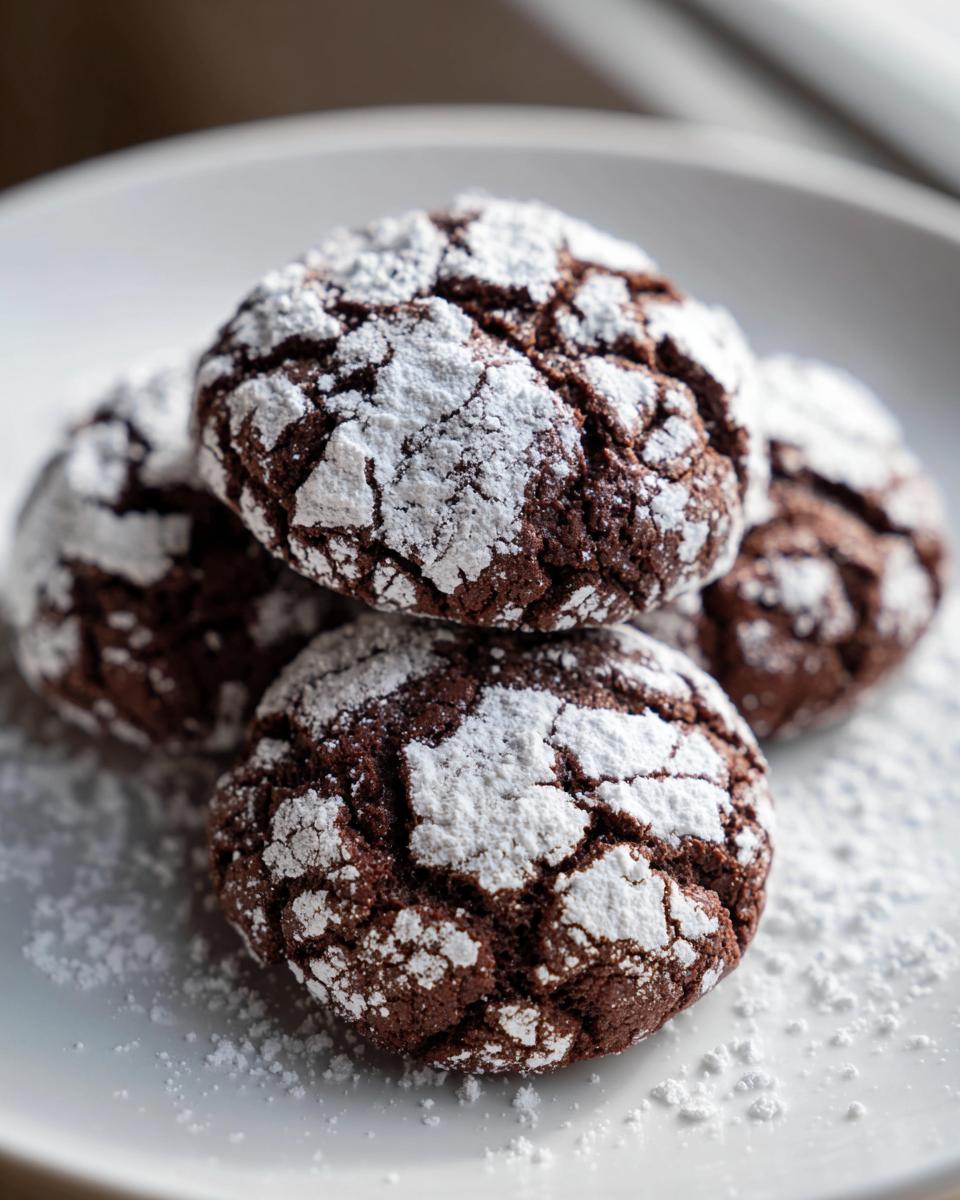 Close-up of several fudgy chocolate crinkle cookies dusted heavily with powdered sugar on a white plate.