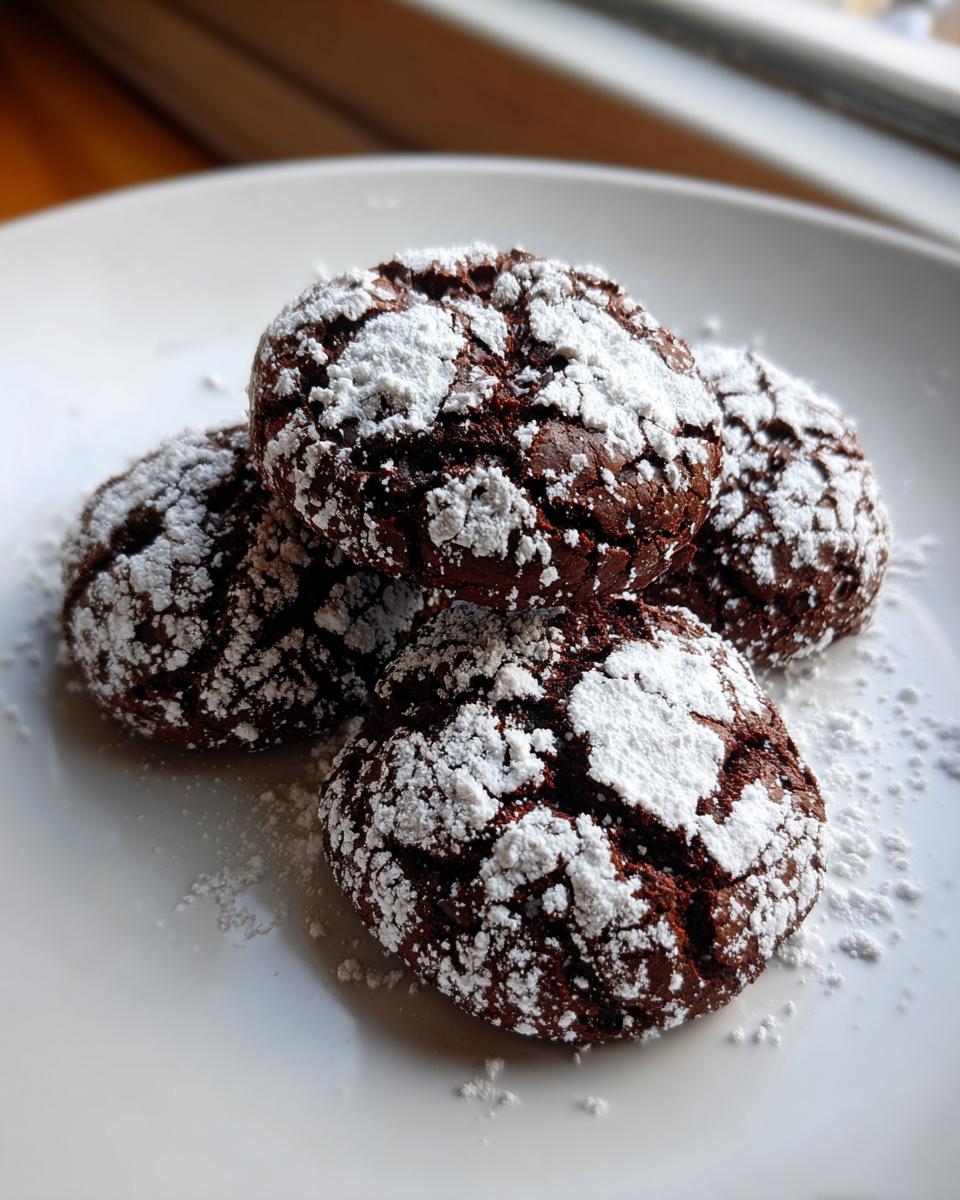 A close-up of four rich, dark chocolate crinkle cookies generously dusted with white powdered sugar on a white plate.