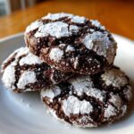 Close-up of three fudgy chocolate crinkle cookies dusted heavily with powdered sugar on a white plate.