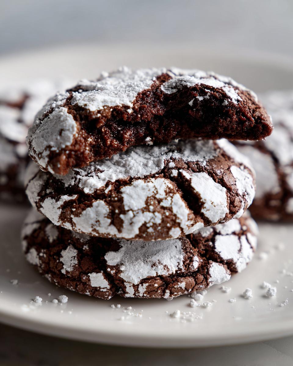 A stack of three fudgy chocolate crinkle cookies, with the top one broken open to show the moist interior.
