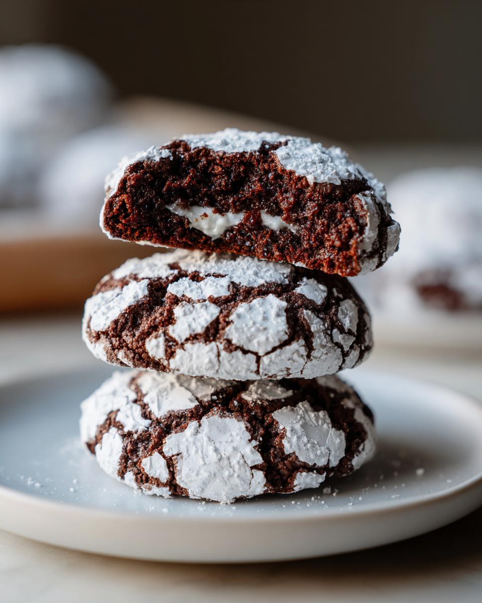 Stack of three fudgy chocolate crinkle cookies dusted heavily with powdered sugar, one broken open to show the soft center.