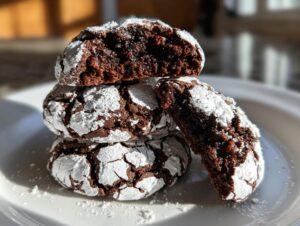 A stack of fudgy chocolate crinkle cookies dusted heavily with powdered sugar, one cookie broken open.
