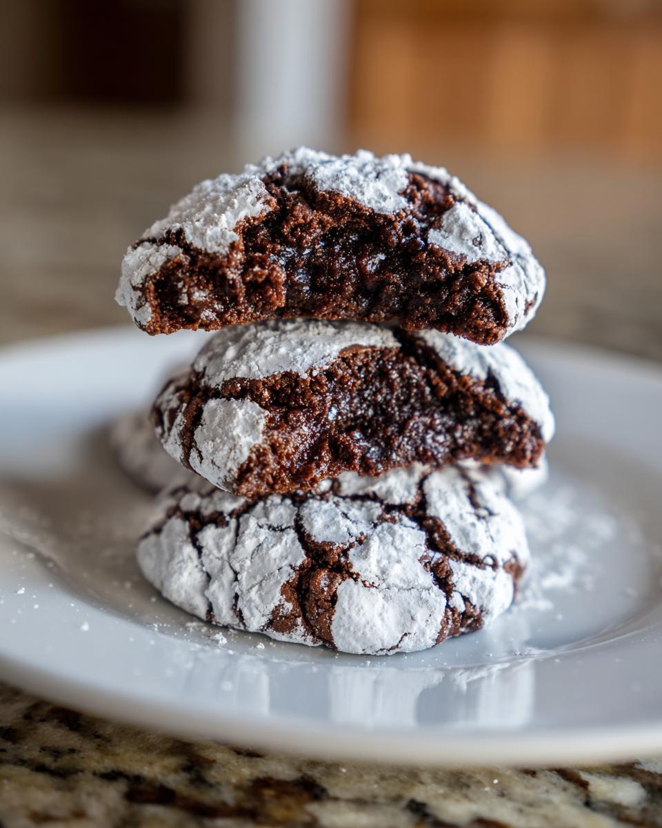 Three fudgy chocolate crinkle cookies stacked on a white plate, with the top two broken open showing the rich interior.