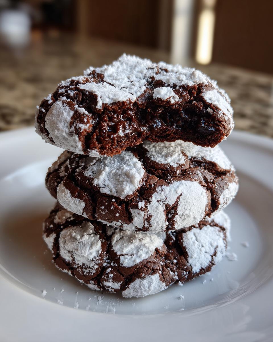 A stack of three fudgy chocolate crinkle cookies dusted heavily with powdered sugar, one cookie is broken open.