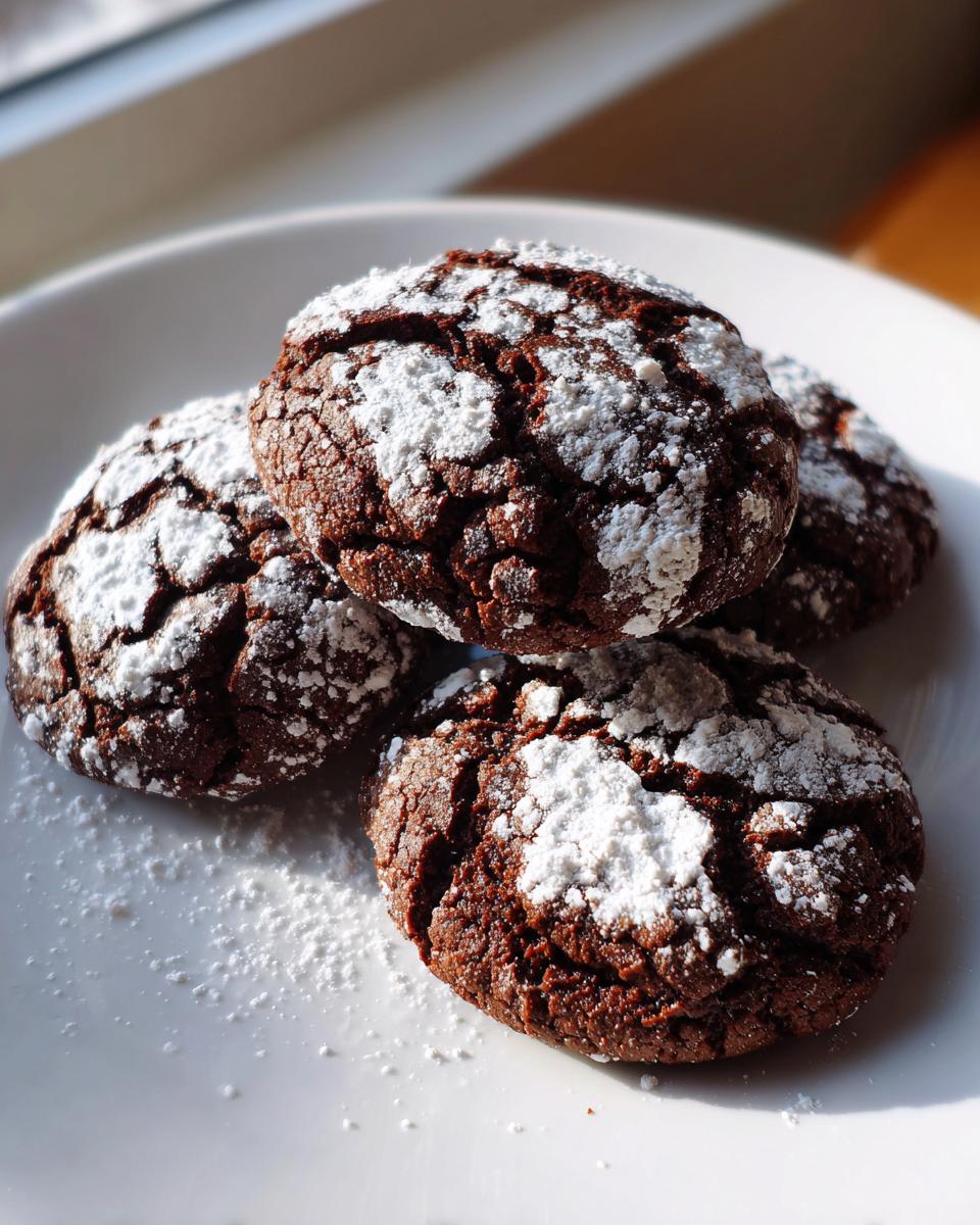 Four rich, dark chocolate crinkle cookies heavily dusted with white powdered sugar on a white plate.