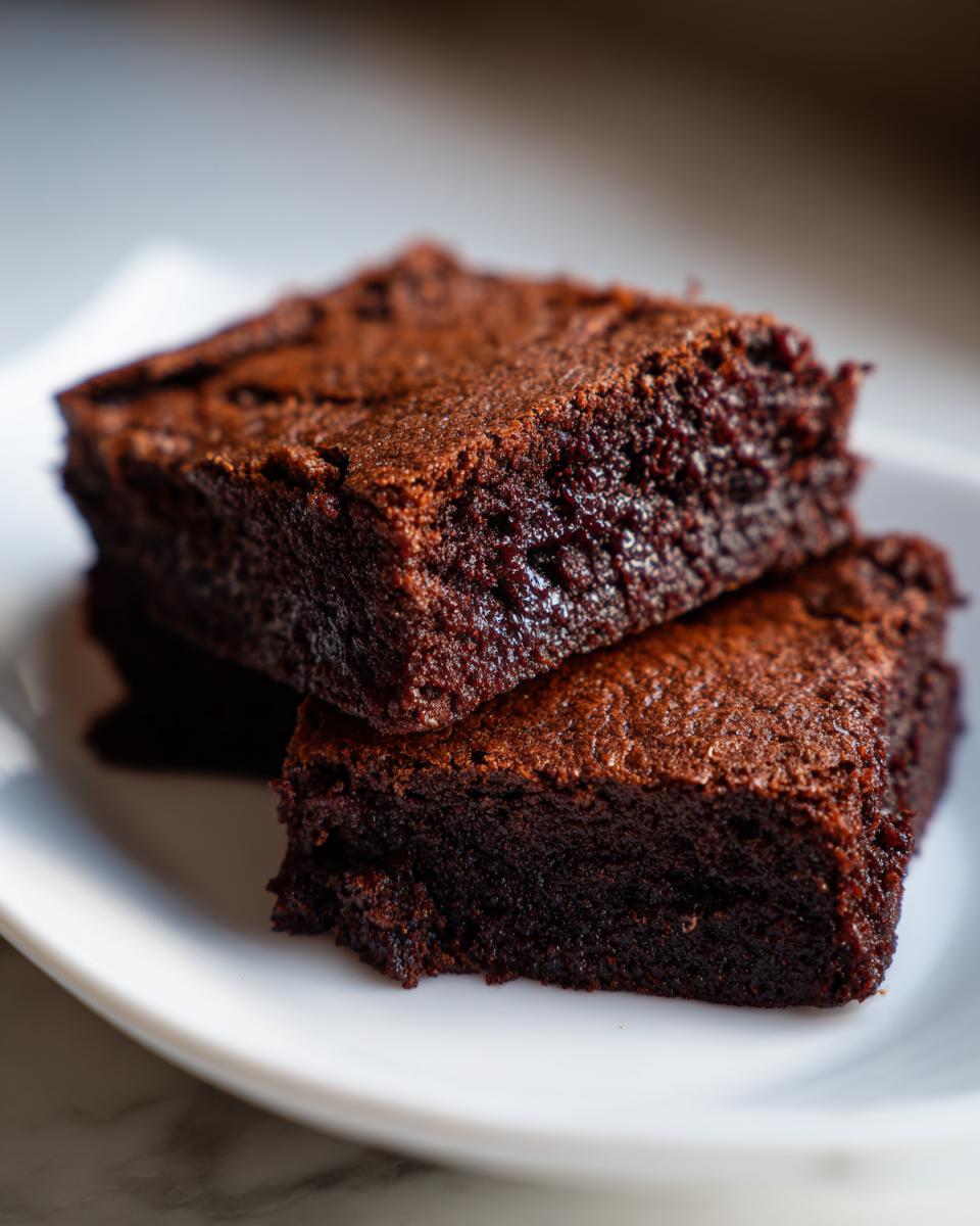 Two rich, fudgy date brownies stacked on a white plate, showcasing their dense texture.