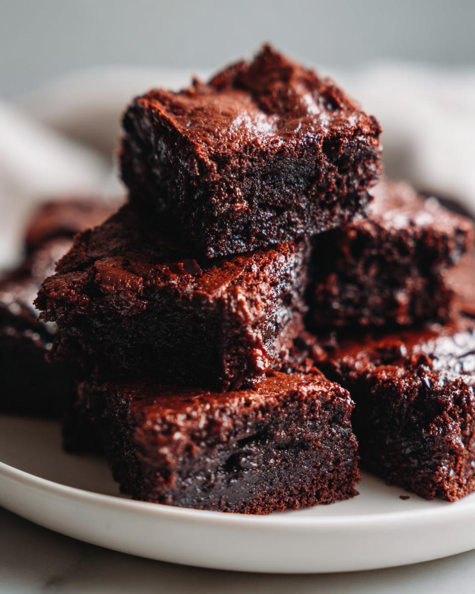 A close-up stack of rich, fudgy date brownies with a shiny, slightly cracked top, served on a white plate.