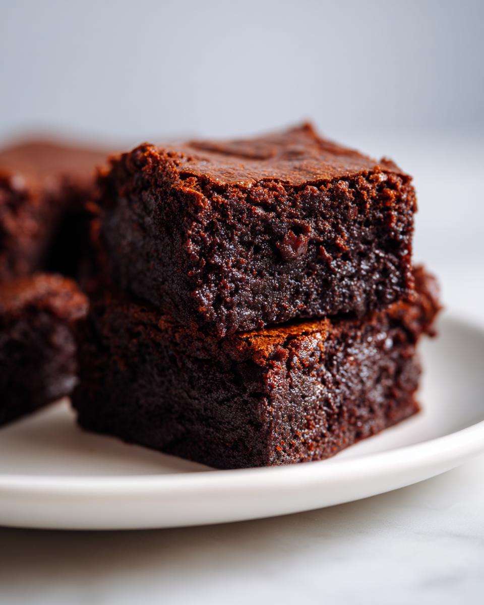Close-up of two fudgy date brownies stacked on a white plate, showcasing a rich, dark chocolate texture.