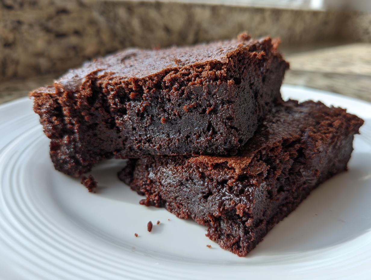 Two rich, dark chocolate date brownies stacked on a white plate, showing a dense, fudgy interior.
