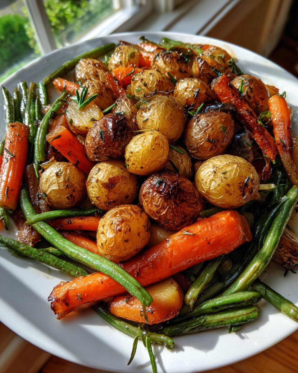 A close-up of Garlic Herb Roasted Veggies including small potatoes, carrots, and green beans, seasoned with herbs.