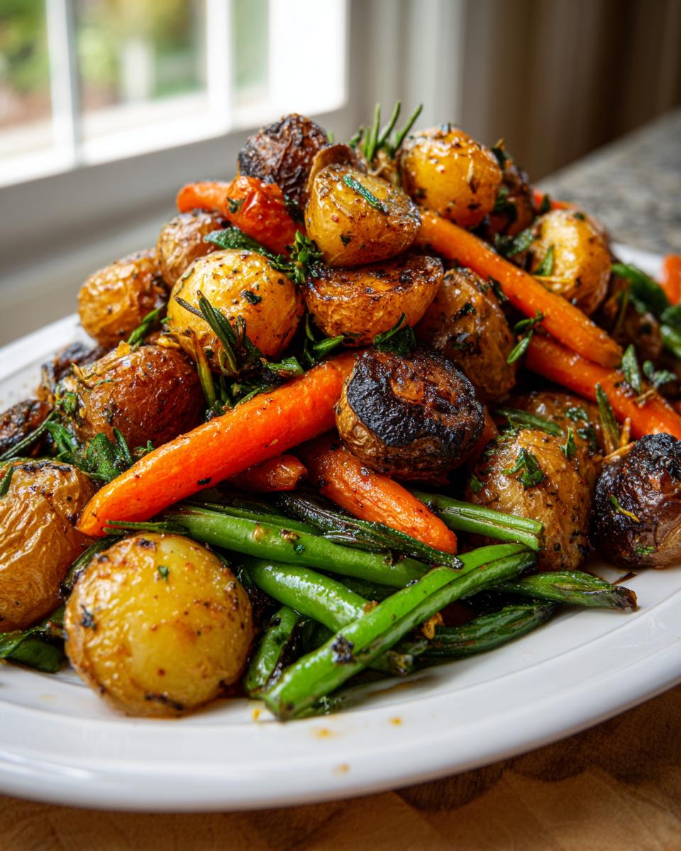 A mound of perfectly roasted potatoes, carrots, and green beans seasoned as Garlic Herb Roasted Veggies on a white platter.