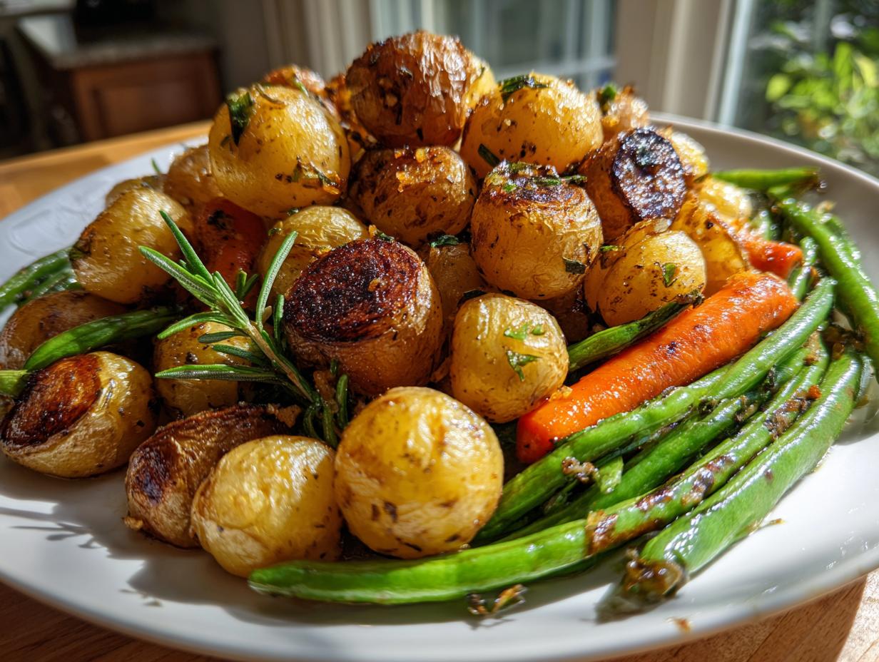 A plate piled high with golden roasted baby potatoes, green beans, and carrots seasoned with Garlic Herb Roasted Veggies.